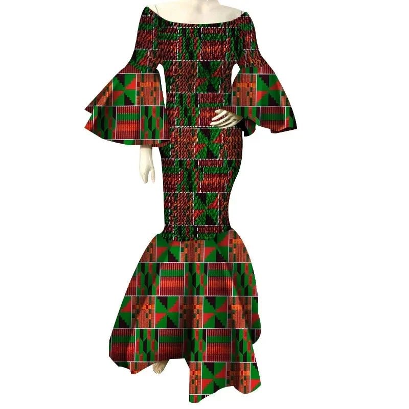 Women’s African Print Ankara Long Dress – Stretch Fit with Ruffle Sleeves - Free Delivery Worldwide only at Flexi Africa