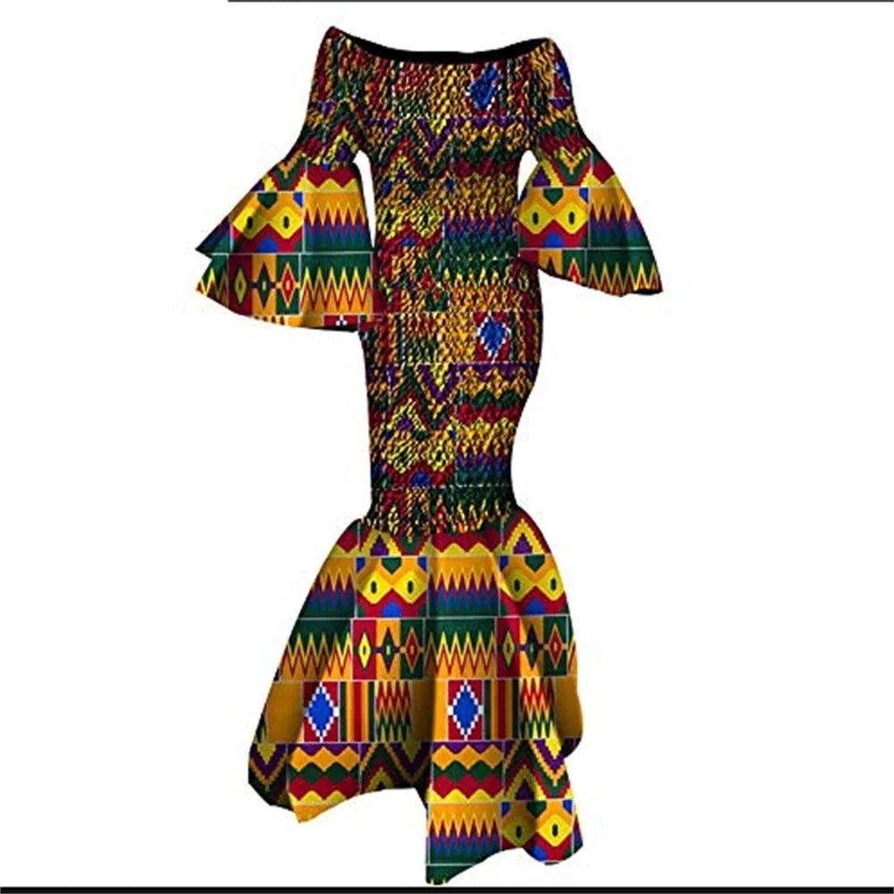 Women’s African Print Ankara Long Dress – Stretch Fit with Ruffle Sleeves