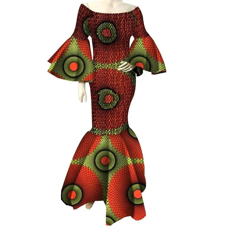 Women’s African Print Ankara Long Dress – Stretch Fit with Ruffle Sleeves