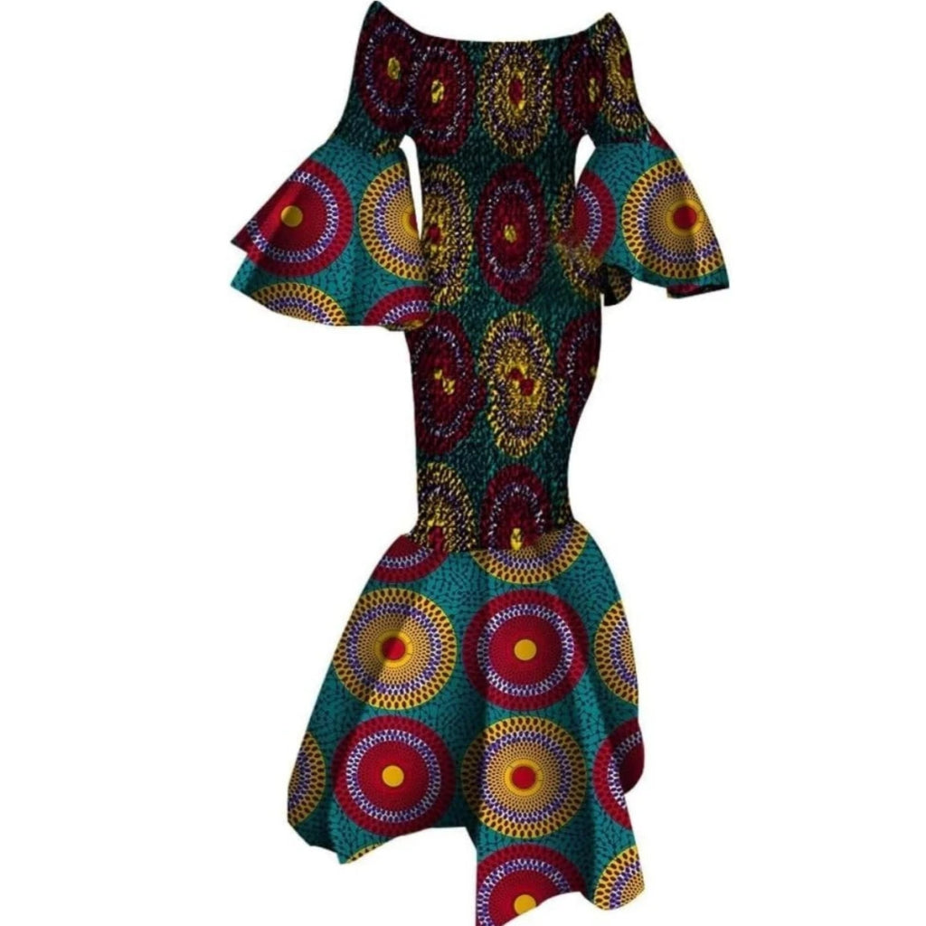 Womens African Print Ankara Long Dress Stretch Fit with Ruffle Sleeves - Flexi Africa 24FS1380 / XXXL Womens African Print Ankara Long Dress Stretch Fit with Ruffle Sleeves - Flexi Africa 24FS1380 / XXXL