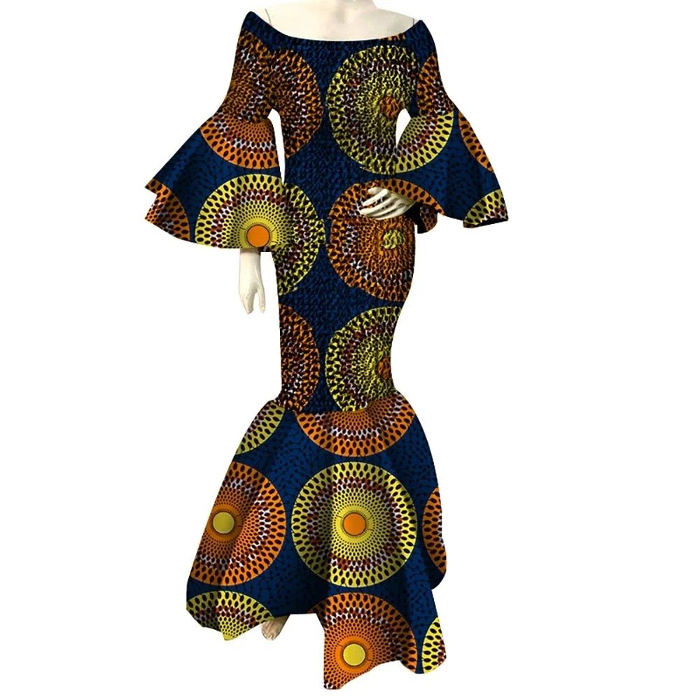 Womens African Print Ankara Long Dress Stretch Fit with Ruffle Sleeves - Flexi Africa 24FS1380 / XXXL Womens African Print Ankara Long Dress Stretch Fit with Ruffle Sleeves - Flexi Africa 24FS1380 / XXXL