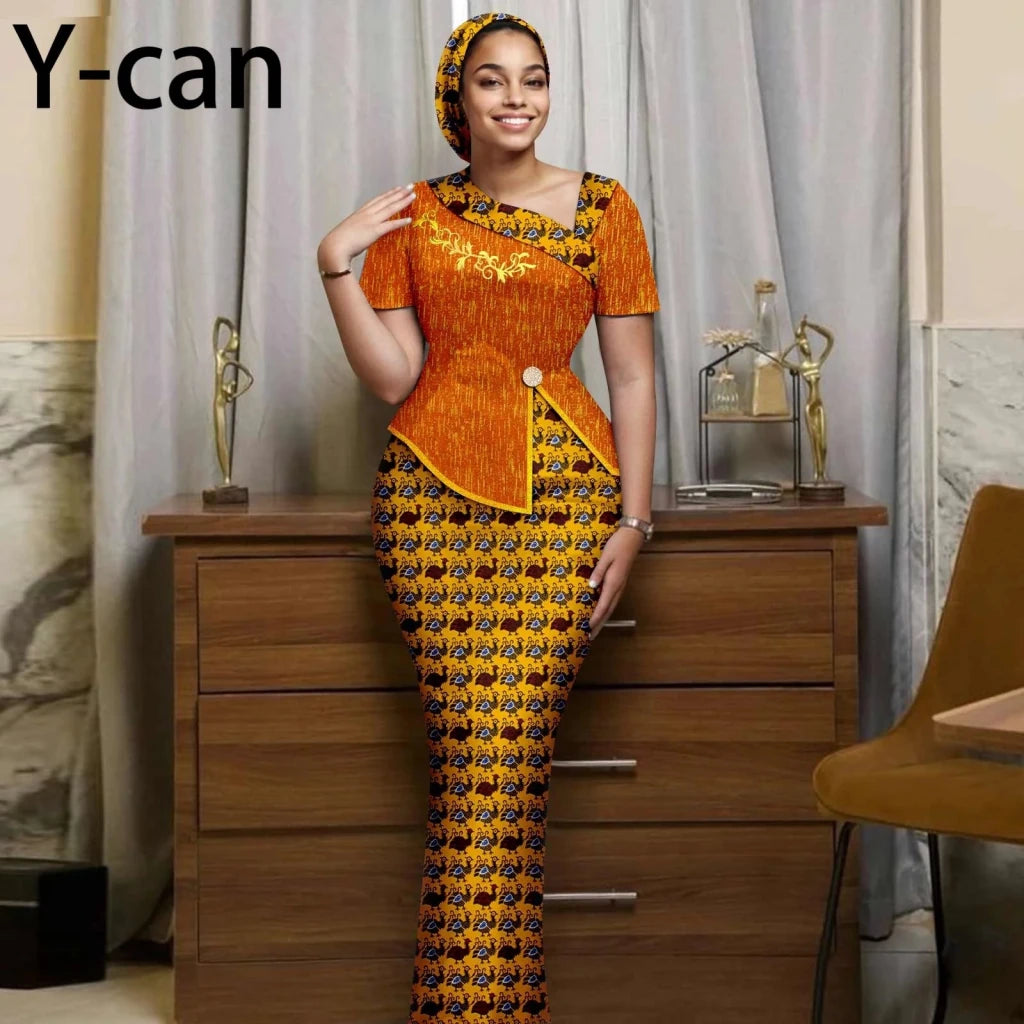 Women's African Print Skirt Set with Headwrap - Free Delivery Worldwide only at Flexi Africa