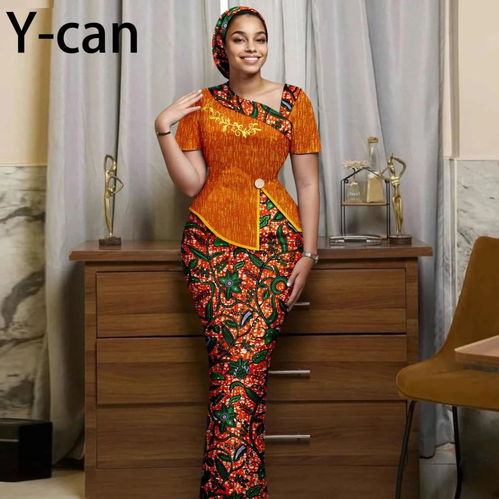 Women's African Print Skirt Set with Headwrap - Free Delivery Worldwide only at Flexi Africa