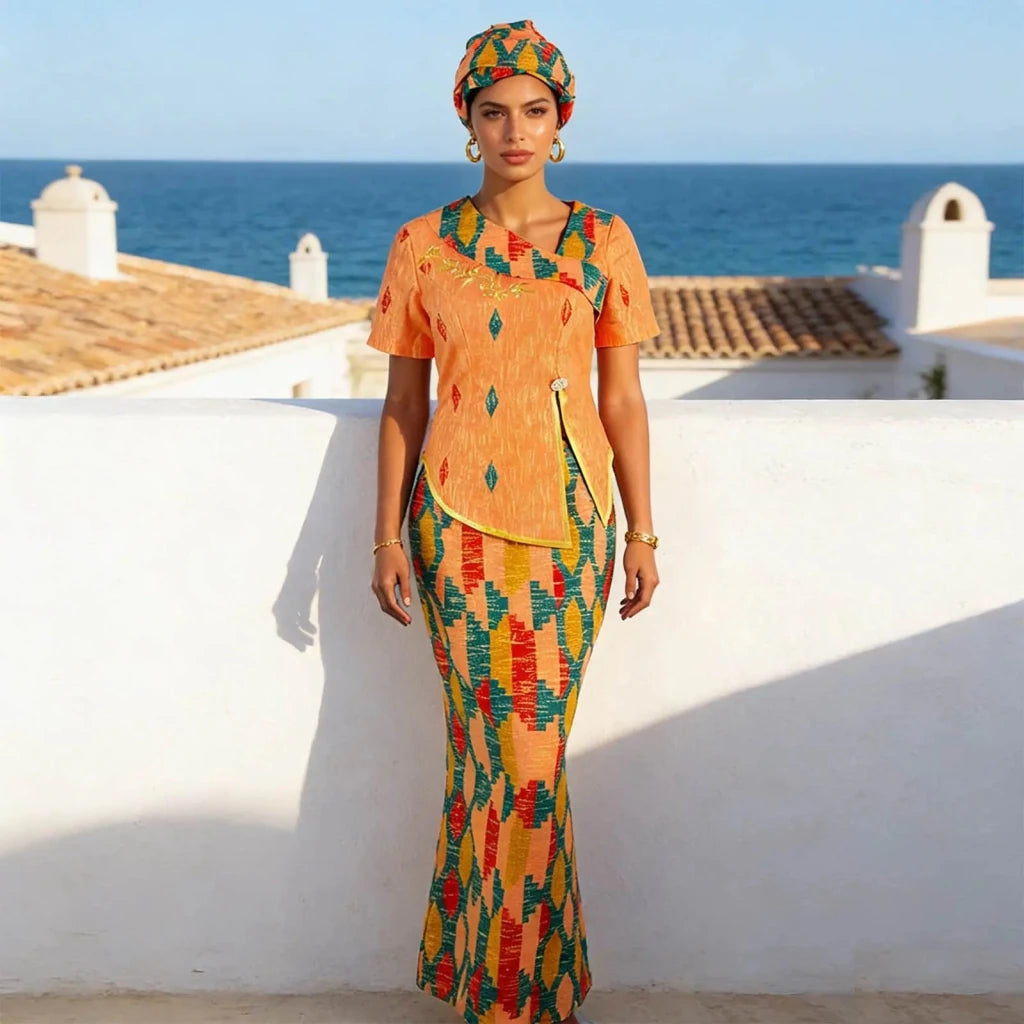 Women's African Print Skirt Set with Headwrap - Free Delivery Worldwide only at Flexi Africa