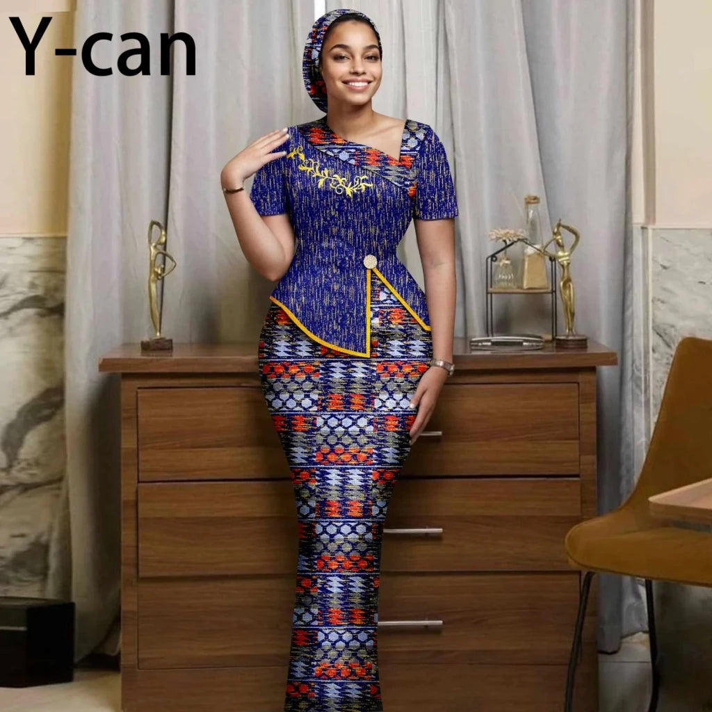 Women's African Print Skirt Set with Headwrap – product view 29