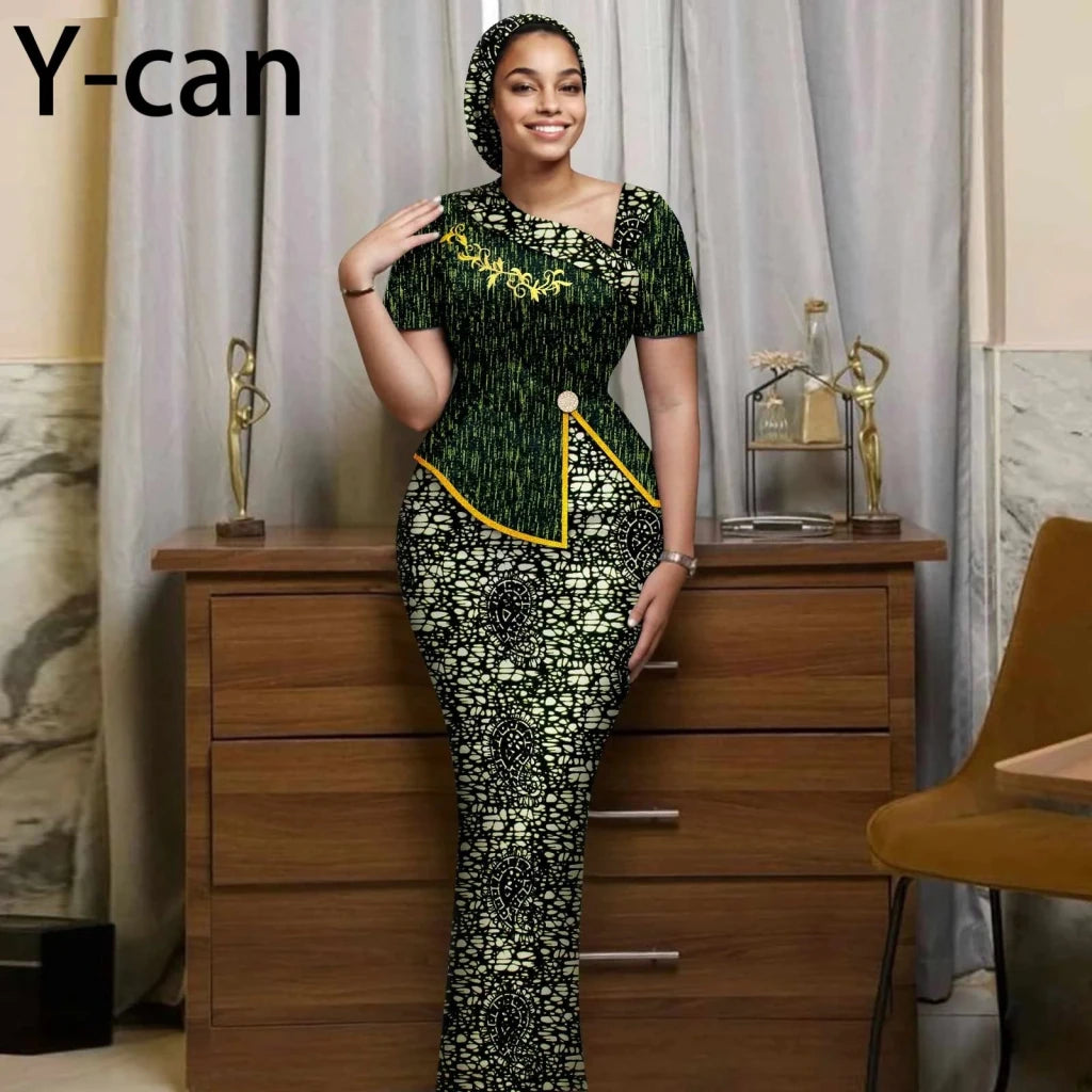 Women's African Print Skirt Set with Headwrap - Free Delivery Worldwide only at Flexi Africa