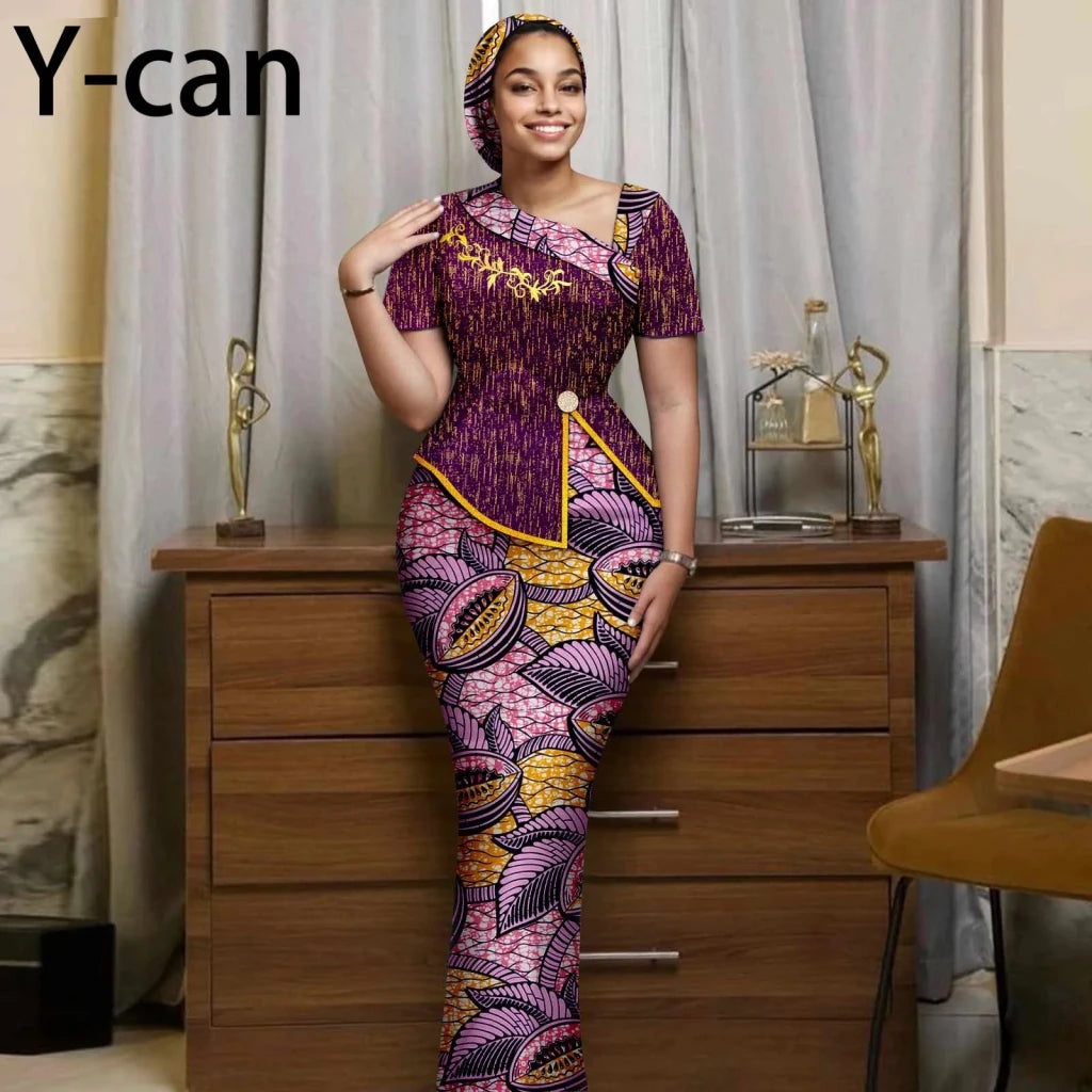 Women's African Print Skirt Set with Headwrap - Free Delivery Worldwide only at Flexi Africa