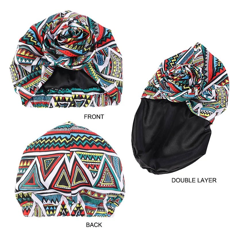 Women’s African Satin - Lined Turban Cap with Big Flower Print – Floral Headwrap Bonnet - Free Delivery Worldwide only at Flexi Africa