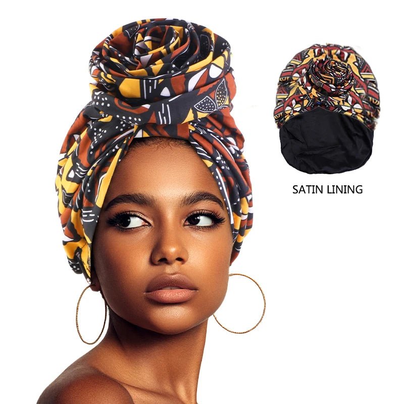 Women’s African Satin - Lined Turban Cap with Big Flower Print – Floral Headwrap Bonnet - Free Delivery Worldwide only at Flexi Africa