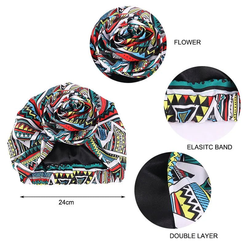 Women’s African Satin - Lined Turban Cap with Big Flower Print – Floral Headwrap Bonnet - Free Delivery Worldwide only at Flexi Africa