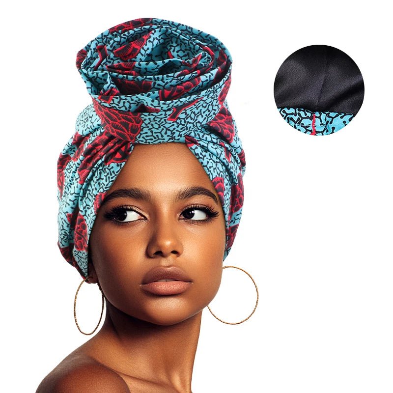 Women’s African Satin - Lined Turban Cap with Big Flower Print – Floral Headwrap Bonnet - Free Delivery Worldwide only at Flexi Africa