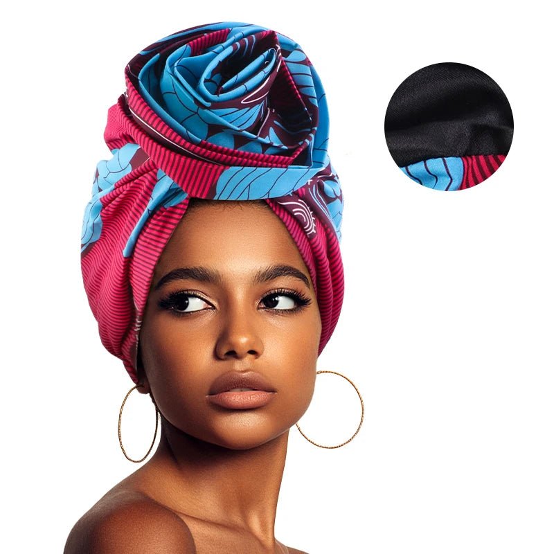 Women’s African Satin - Lined Turban Cap with Big Flower Print – Floral Headwrap Bonnet - Free Delivery Worldwide only at Flexi Africa