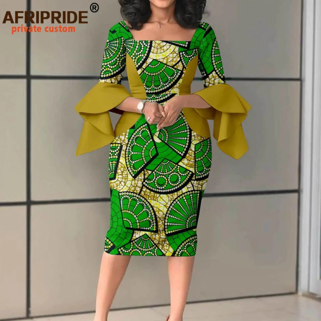 Women's Ankara Bodycon Dress – Flare Sleeve & Boat Neck - Free Delivery Worldwide only at Flexi Africa