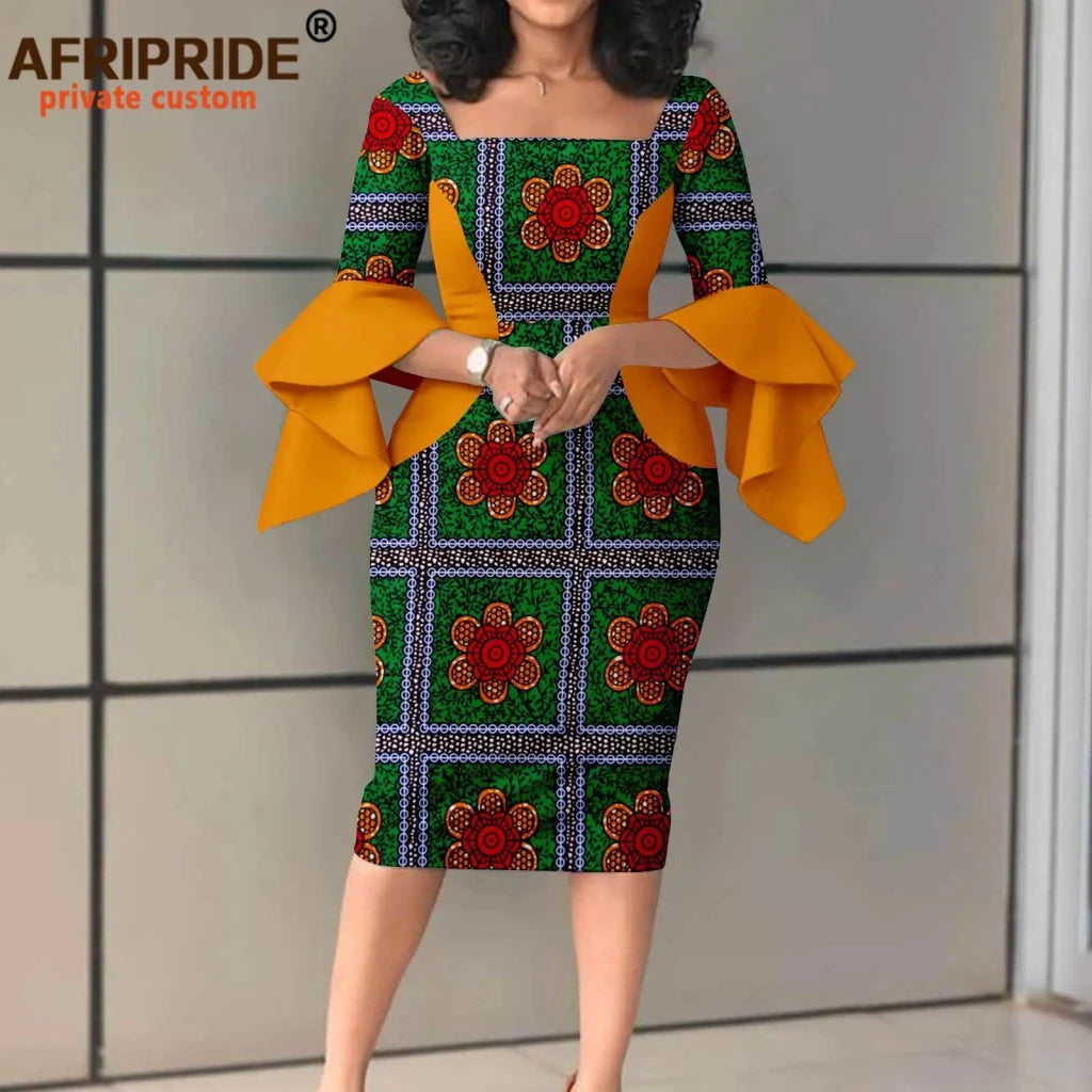 Women's Ankara Bodycon Dress – Flare Sleeve & Boat Neck - Free Delivery Worldwide only at Flexi Africa