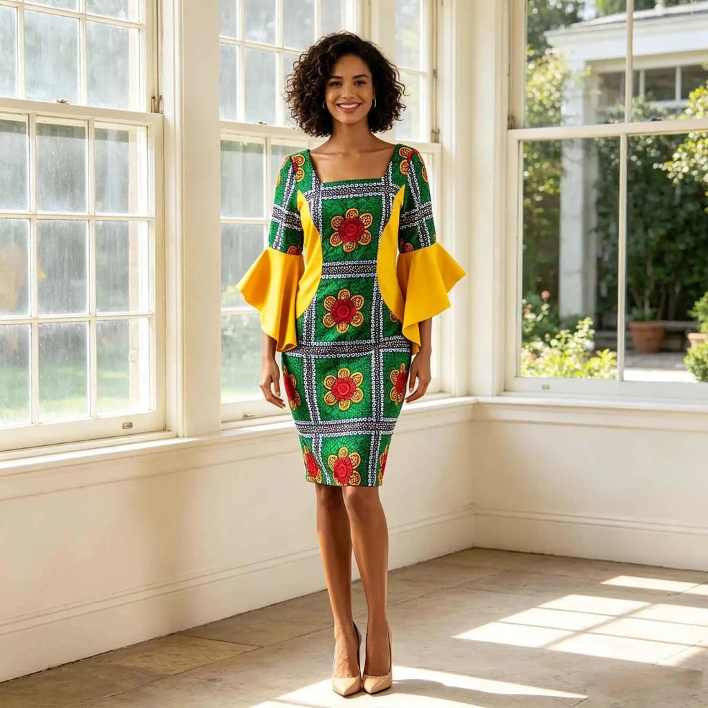 Women's Ankara Bodycon Dress – Flare Sleeve & Boat Neck - Free Delivery Worldwide only at Flexi Africa
