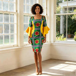 Women's Ankara Bodycon Dress – Flare Sleeve & Boat Neck - Free Delivery Worldwide only at Flexi Africa
