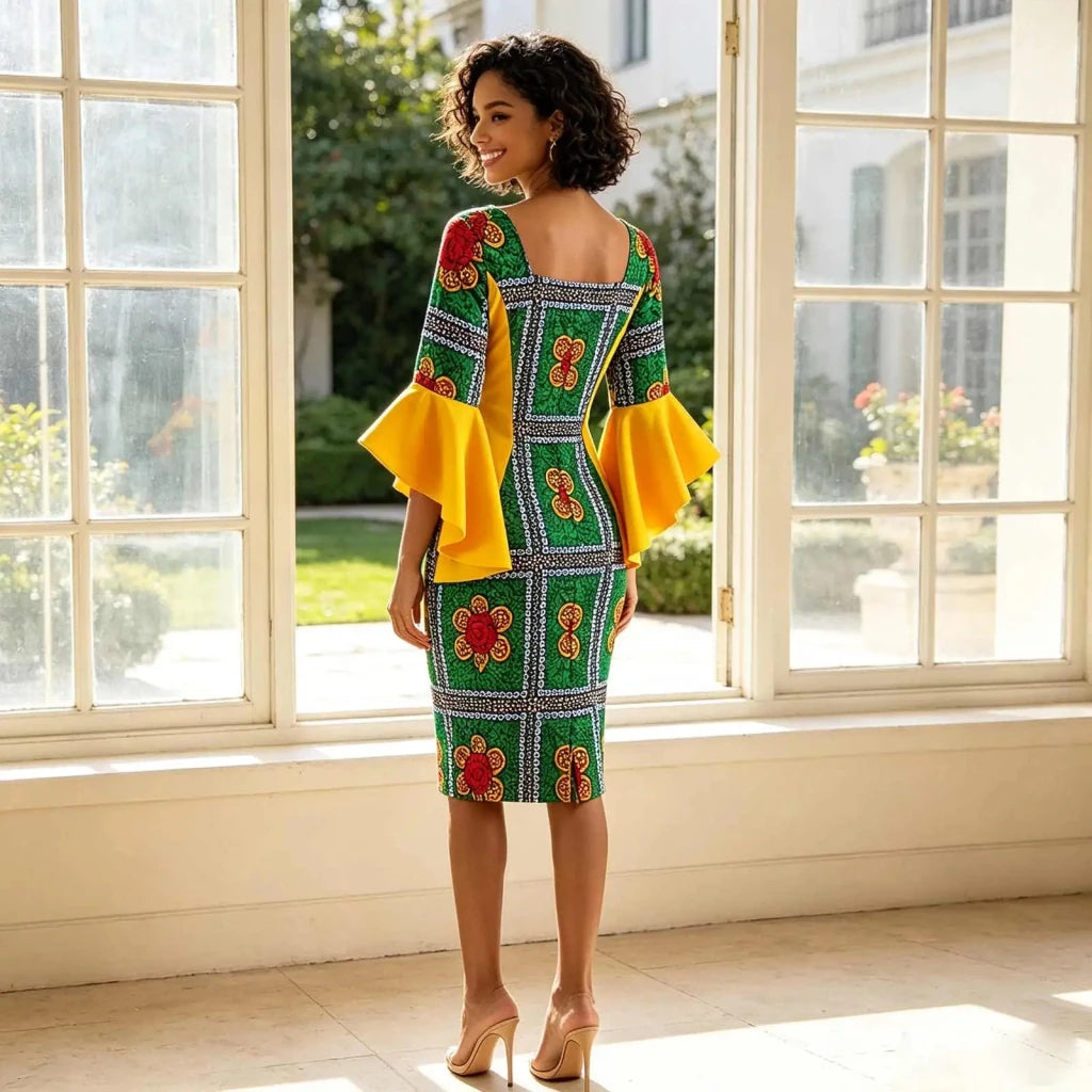 Women's Ankara Bodycon Dress – Flare Sleeve & Boat Neck - Free Delivery Worldwide only at Flexi Africa