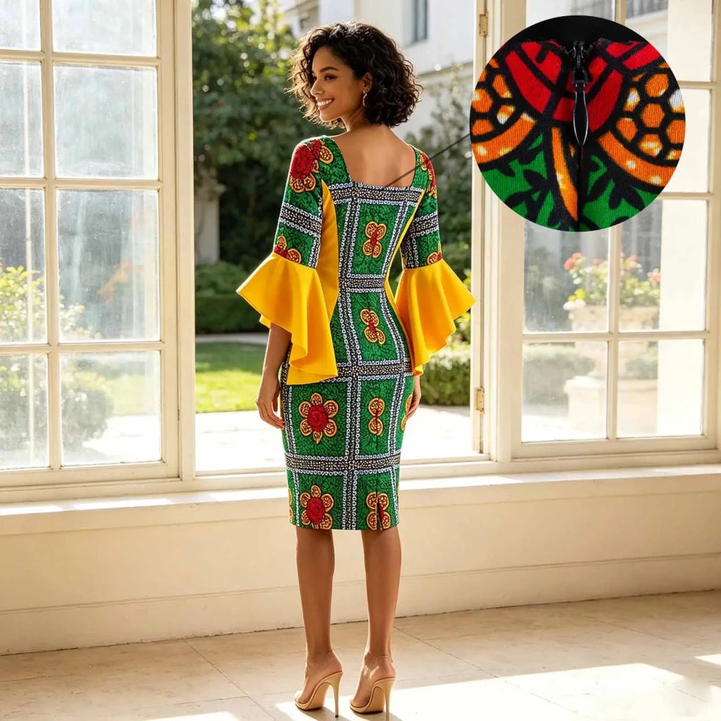 Women's Ankara Bodycon Dress – Flare Sleeve & Boat Neck - Free Delivery Worldwide only at Flexi Africa