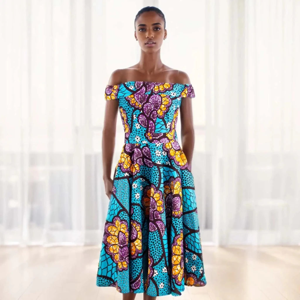Women's Ankara Print Cotton Mid-Calf Dress - Free Delivery Worldwide only at Flexi Africa