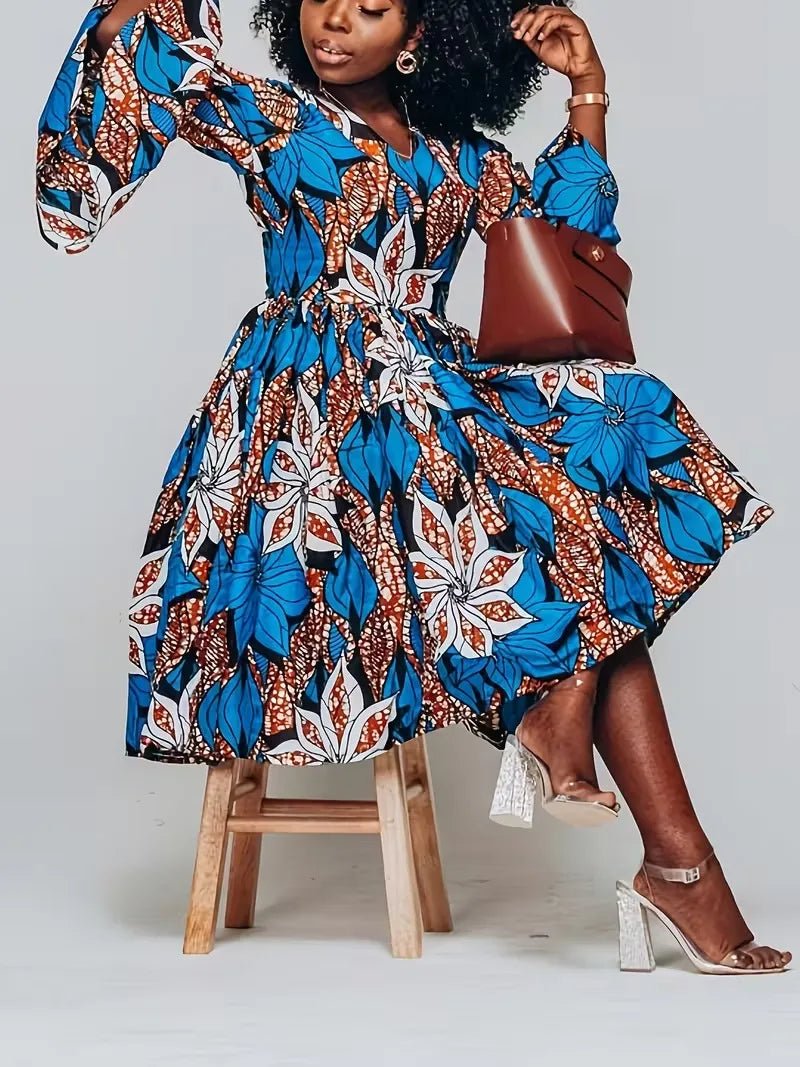 Women’s Ankara Print Maxi Dress – Traditional African V - Neck Dress with Ruffle Sleeves - Free Delivery Worldwide only at Flexi Africa