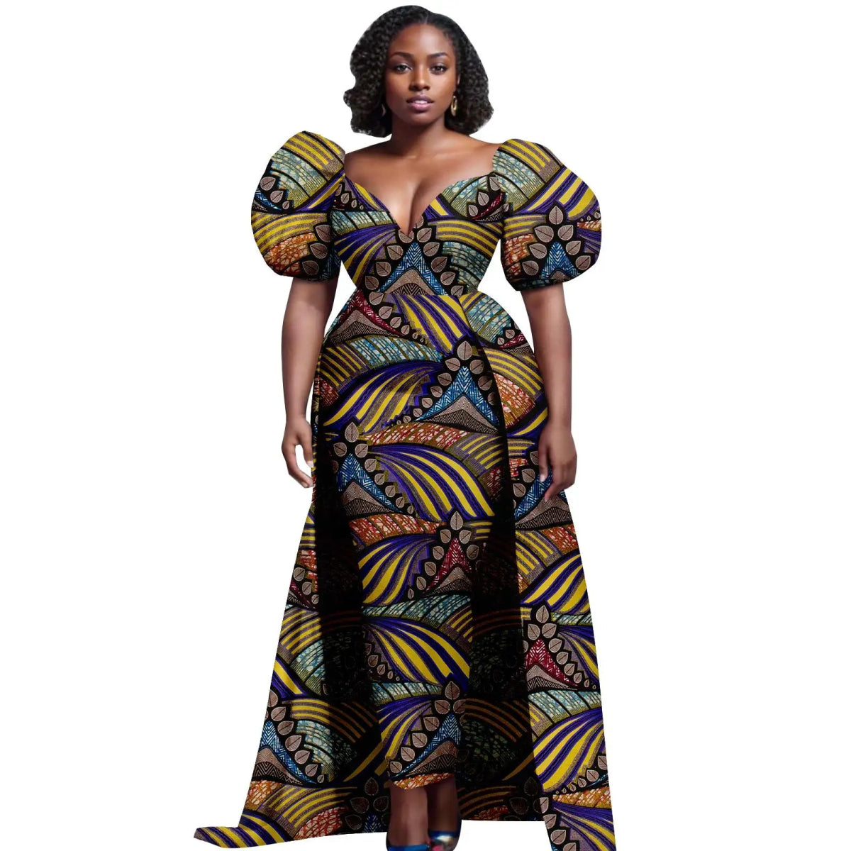 Women’s Ankara V - Neck Dress – Bubble Sleeve African Print with Layered Back Hem - Free Delivery Worldwide only at Flexi Africa