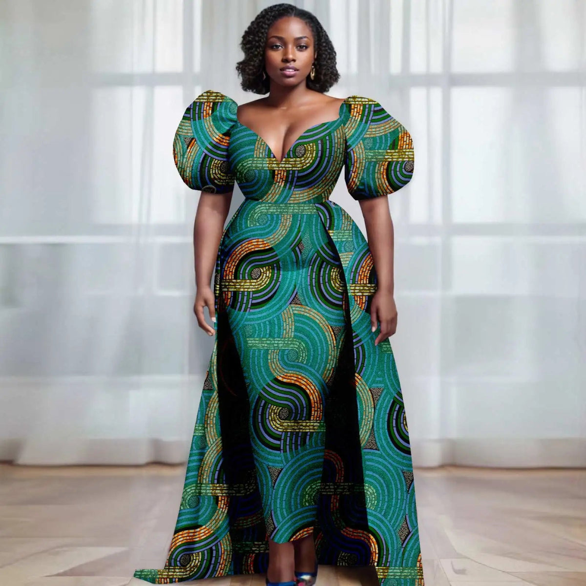 Women’s Ankara V - Neck Dress – Bubble Sleeve African Print with Layered Back Hem - Free Delivery Worldwide only at Flexi Africa