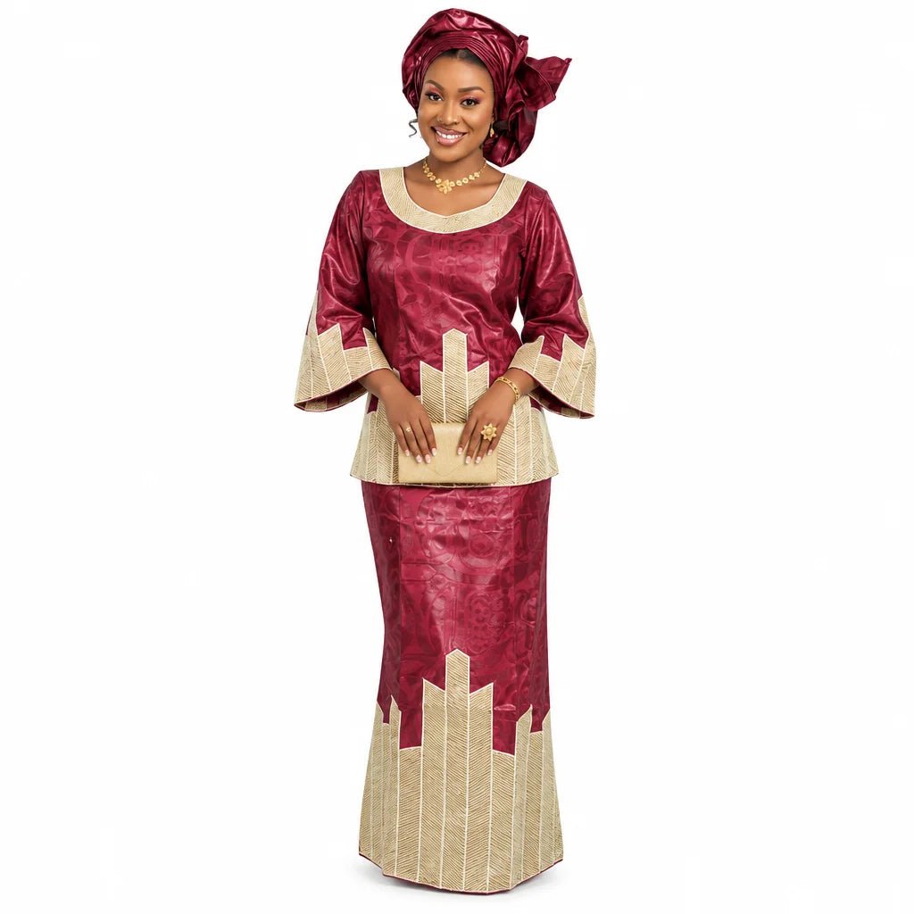 Women's Bazin-Inspired Embroidered Dress & Scarf - Free Delivery Worldwide only at Flexi Africa