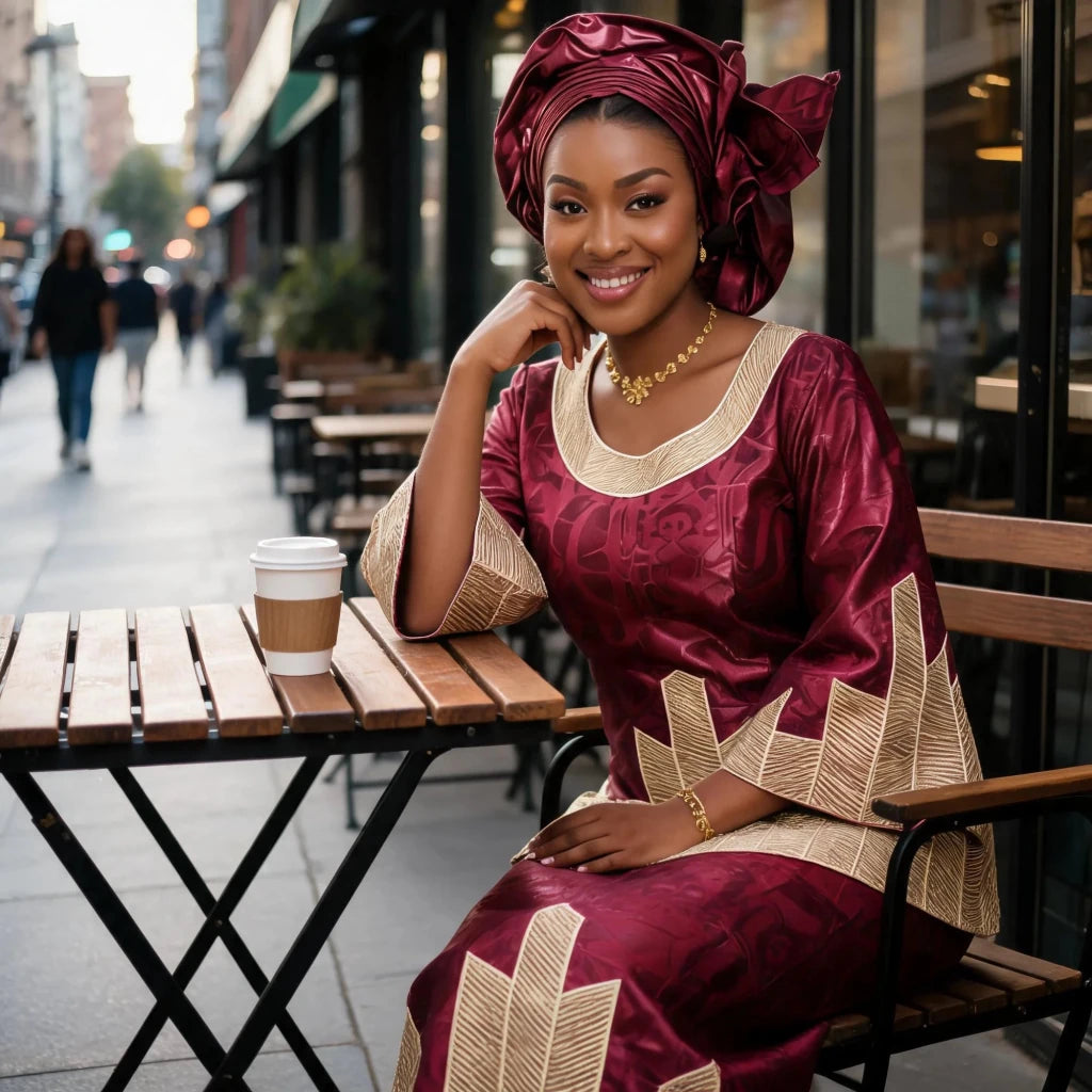 Women's Bazin-Inspired Embroidered Dress & Scarf - Free Delivery Worldwide only at Flexi Africa