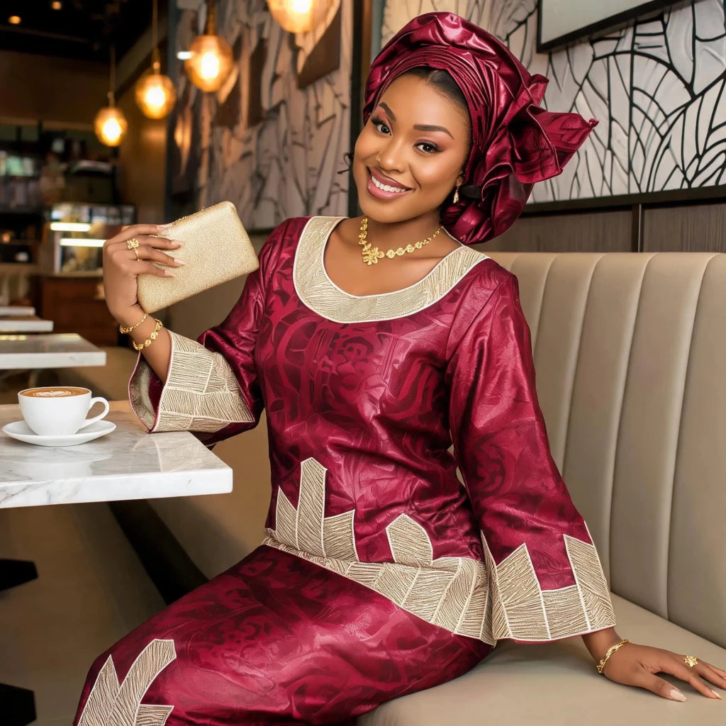Women's Bazin-Inspired Embroidered Dress & Scarf - Free Delivery Worldwide only at Flexi Africa