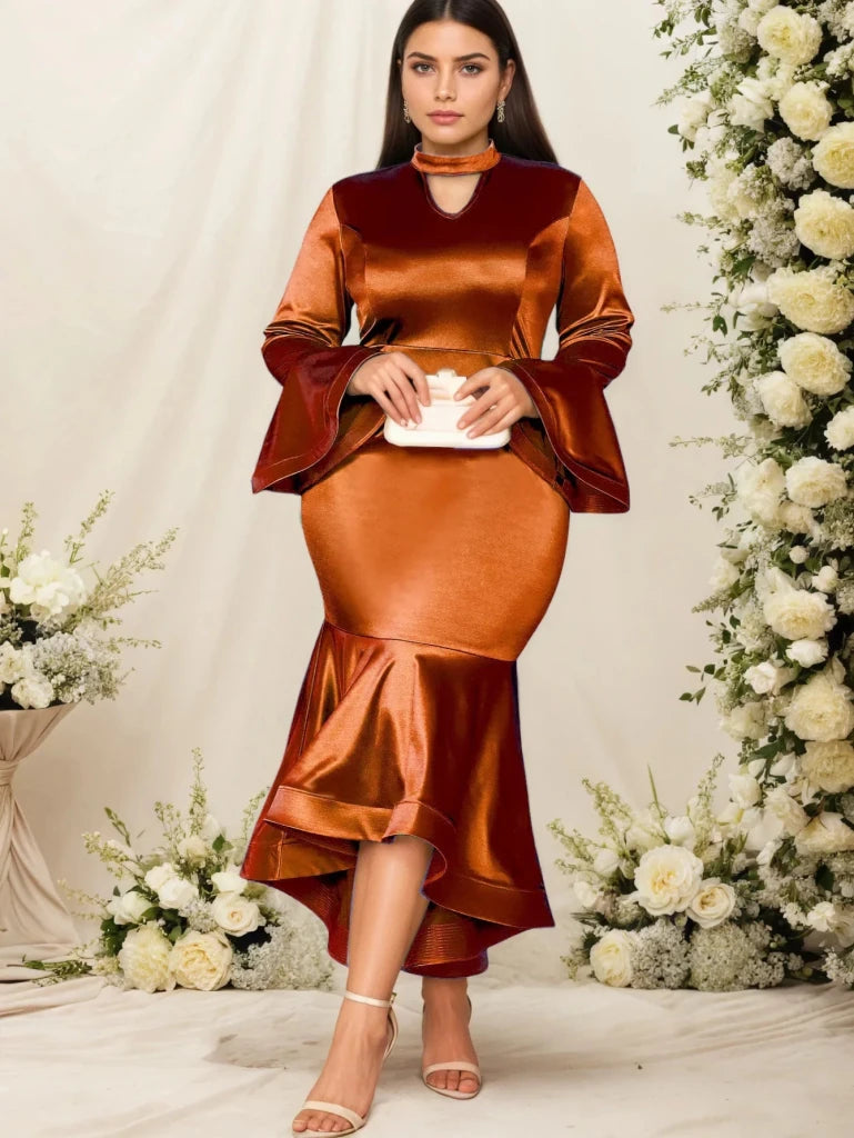 Women's Brown Plus Size Long-Sleeve Gown - Free Delivery Worldwide only at Flexi Africa