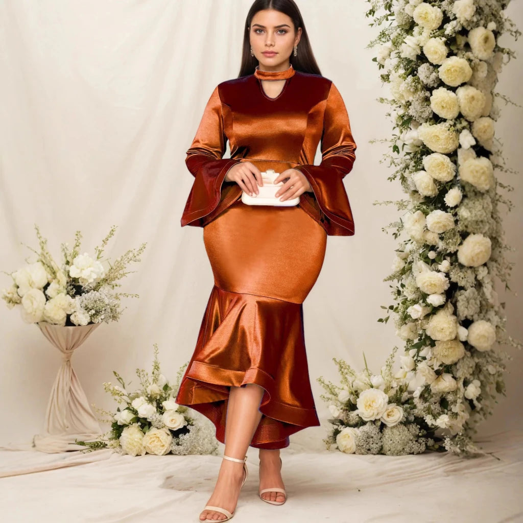 Women's Brown Plus Size Long-Sleeve Gown - Free Delivery Worldwide only at Flexi Africa