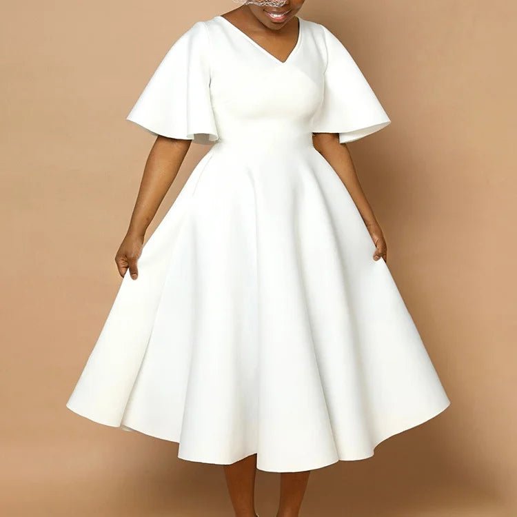 Women's Contrast Color V - Neck Bell Sleeve Dress – High Waist Flowy Maxi Dress - Free Delivery Worldwide only at Flexi Africa