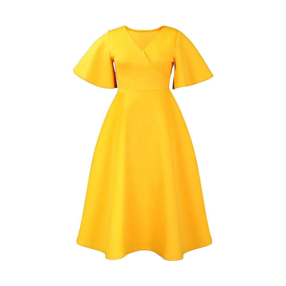 Women's Contrast Color V - Neck Bell Sleeve Dress – High Waist Flowy Maxi Dress - Free Delivery Worldwide only at Flexi Africa