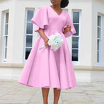 Women's Contrast Color V - Neck Bell Sleeve Dress – High Waist Flowy Maxi Dress - Free Delivery Worldwide only at Flexi Africa