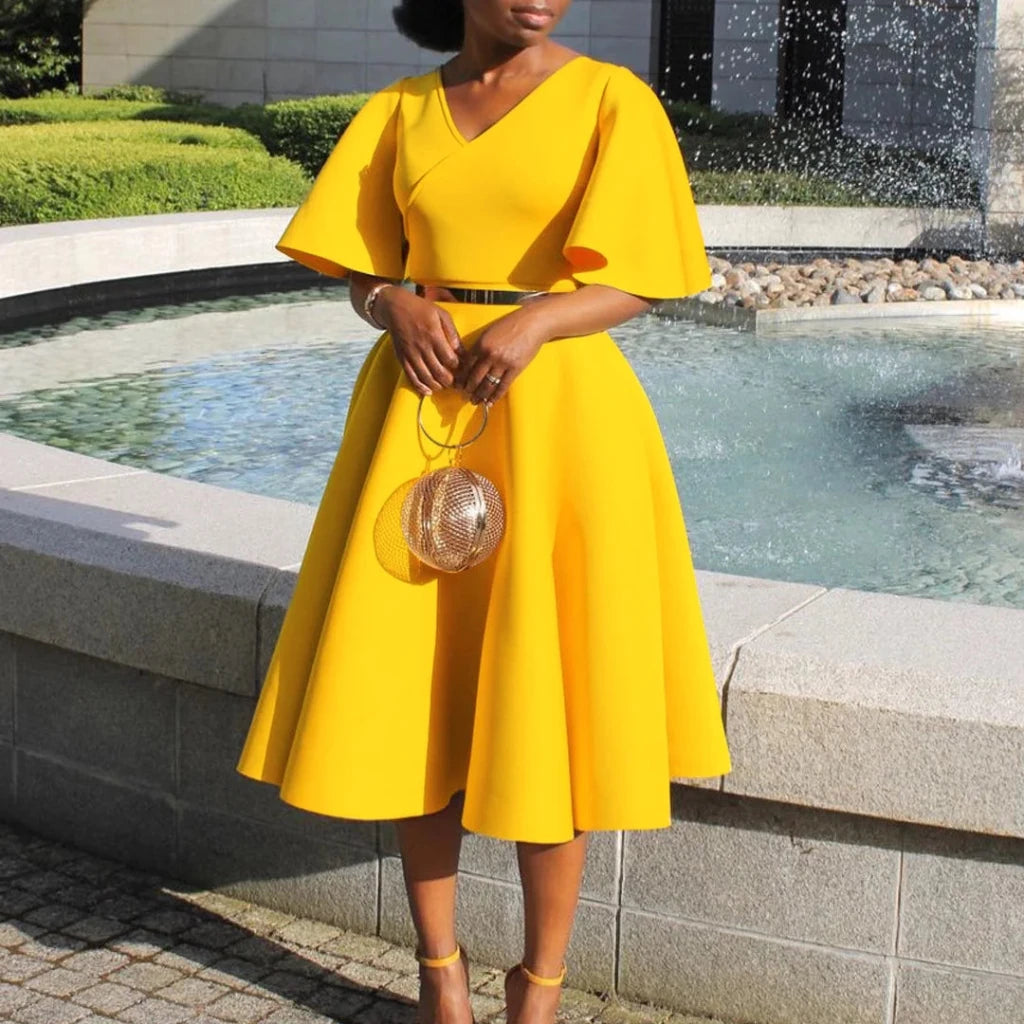 Women's Contrast Color V - Neck Bell Sleeve Dress – High Waist Flowy Maxi Dress - Free Delivery Worldwide only at Flexi Africa