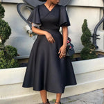 Women's Contrast Color V - Neck Bell Sleeve Dress – High Waist Flowy Maxi Dress - Free Delivery Worldwide only at Flexi Africa