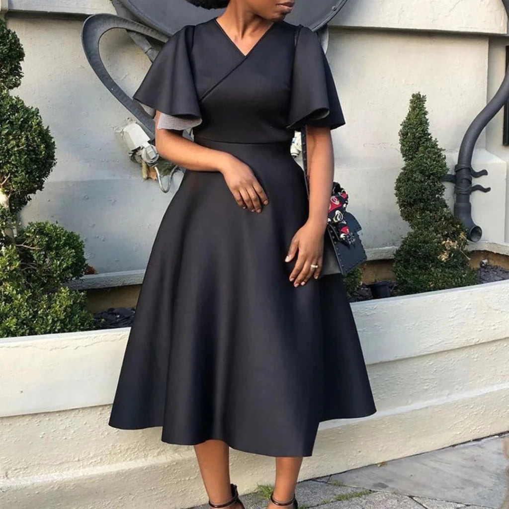 Women's Contrast Color V - Neck Bell Sleeve Dress – High Waist Flowy Maxi Dress - Free Delivery Worldwide only at Flexi Africa
