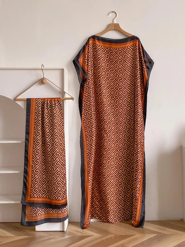 Women’s Elegant African Printed Silk Kaftan Summer Dress - Free Delivery Worldwide only at Flexi Africa