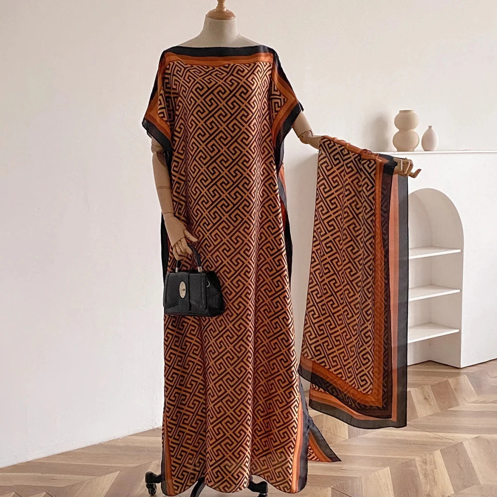 Women’s Elegant African Printed Silk Kaftan Summer Dress - Free Delivery Worldwide only at Flexi Africa