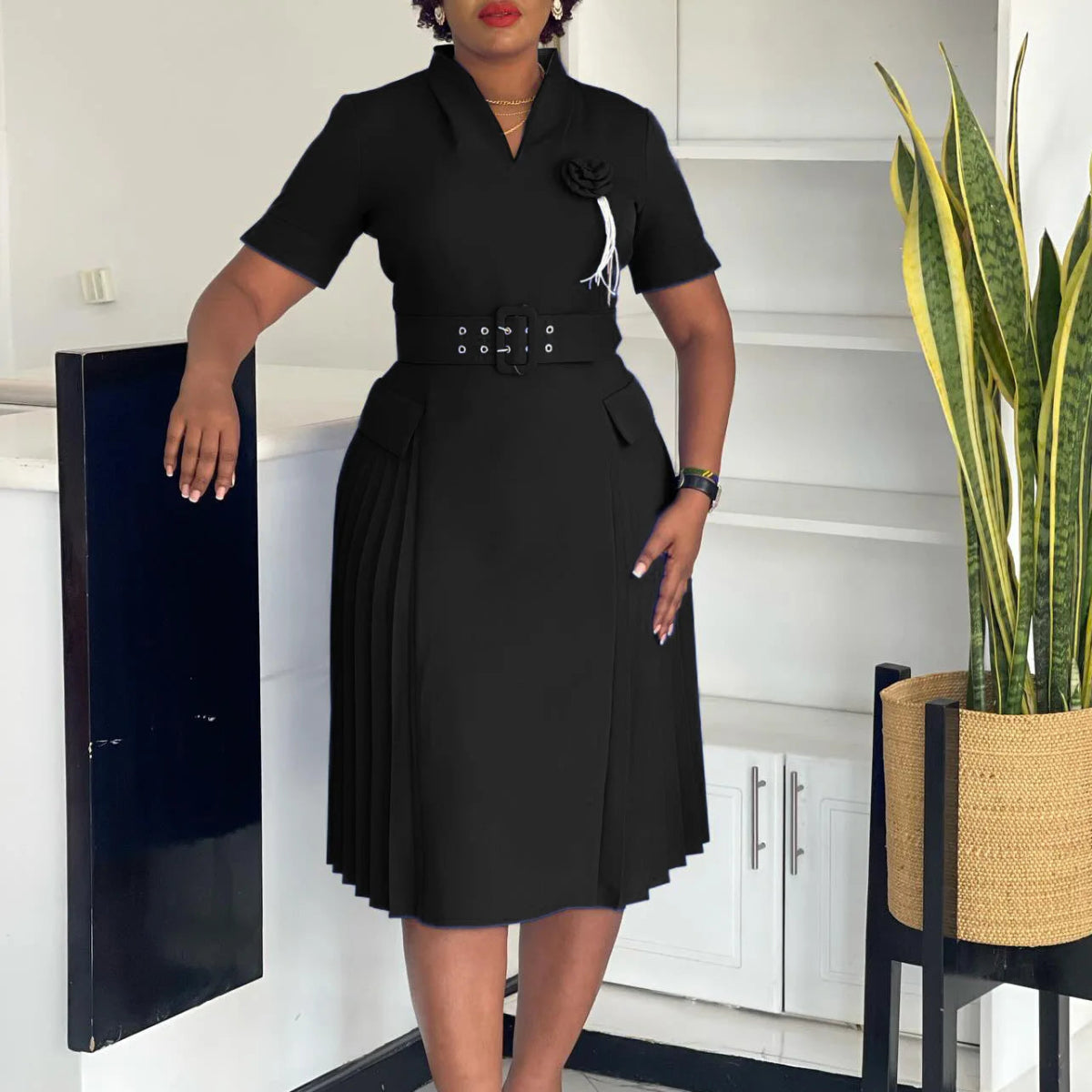 Women’s Elegant V - Neck African Dress – Short Sleeve, Belted Pleated Waist & 3D Floral Accents - Free Delivery Worldwide only at Flexi Africa