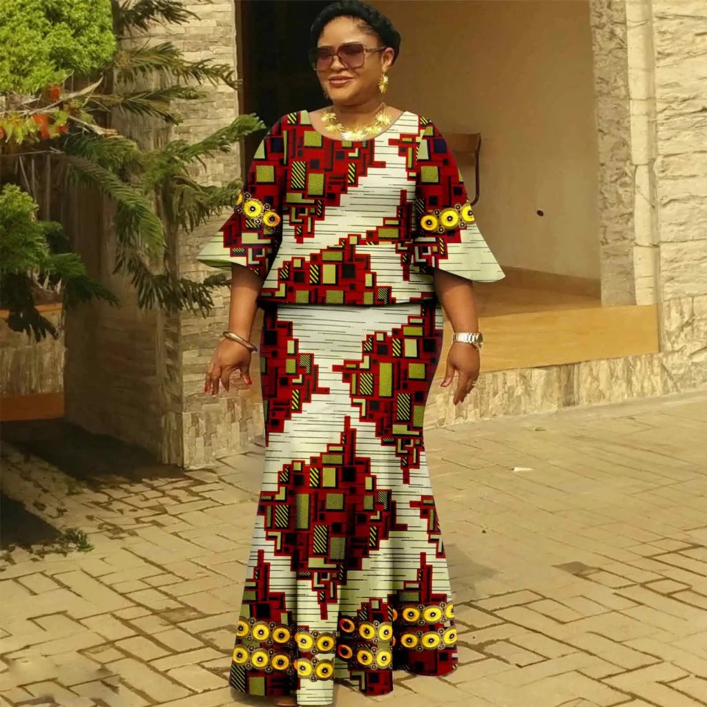 Women’s Gold Ankara 2PC Fishtail Dress with Flared Sleeves - Free Delivery Worldwide only at Flexi Africa