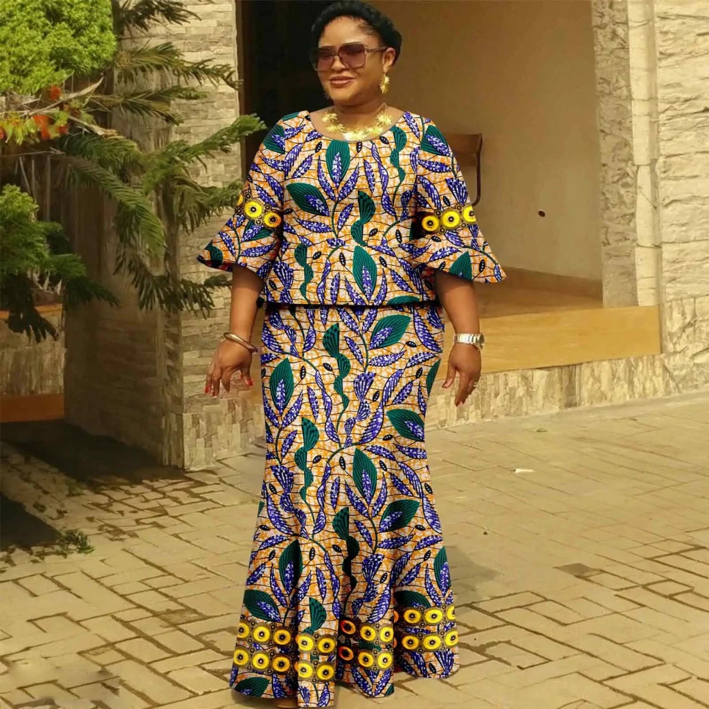 Women’s Gold Ankara 2PC Fishtail Dress with Flared Sleeves - Free Delivery Worldwide only at Flexi Africa