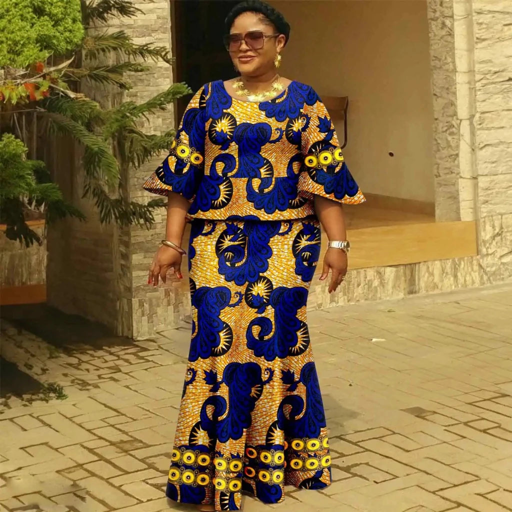 Women’s Gold Ankara 2PC Fishtail Dress with Flared Sleeves - Free Delivery Worldwide only at Flexi Africa