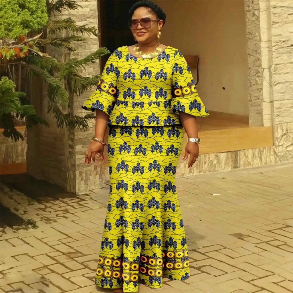 Women’s Gold Ankara 2PC Fishtail Dress with Flared Sleeves - Free Delivery Worldwide only at Flexi Africa