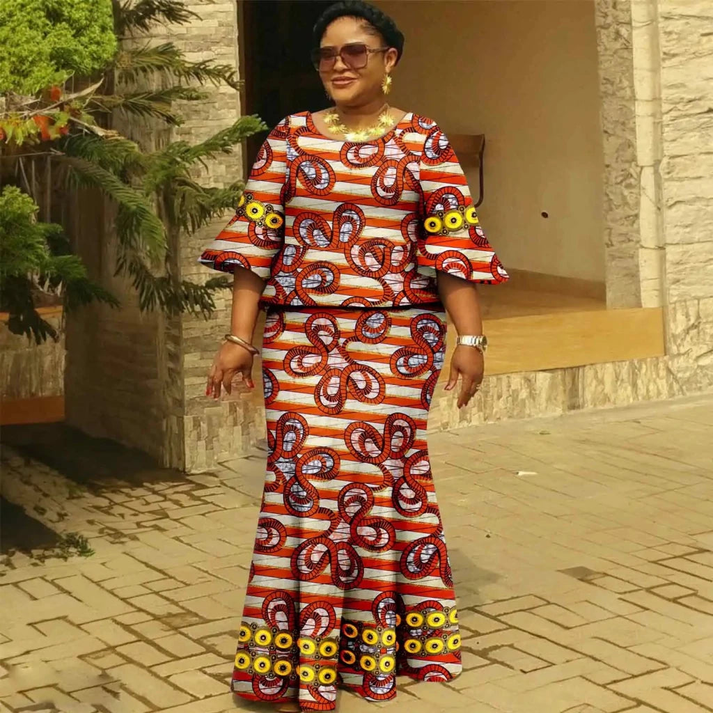 Women’s Gold Ankara 2PC Fishtail Dress with Flared Sleeves - Free Delivery Worldwide only at Flexi Africa