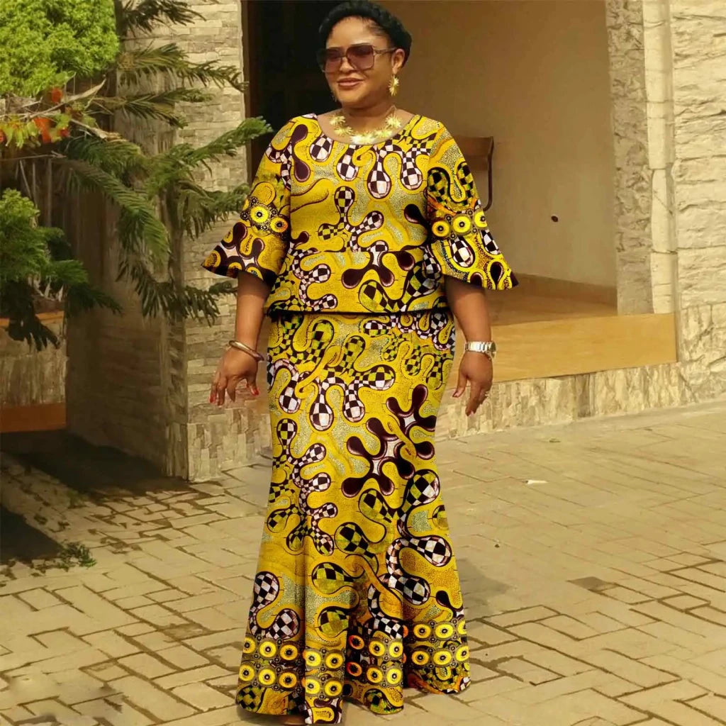 Women’s Gold Ankara 2PC Fishtail Dress with Flared Sleeves - Free Delivery Worldwide only at Flexi Africa