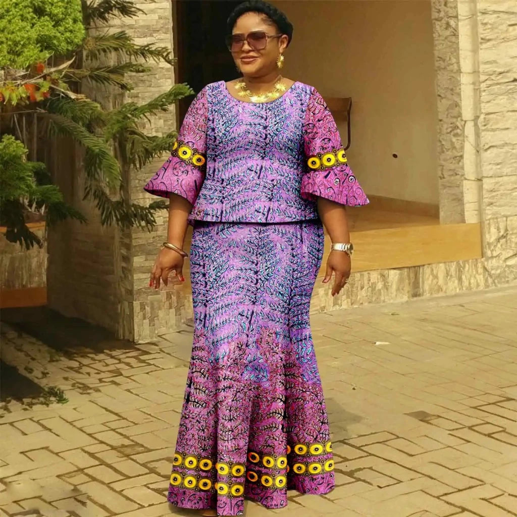Women’s Gold Ankara 2PC Fishtail Dress with Flared Sleeves - Free Delivery Worldwide only at Flexi Africa