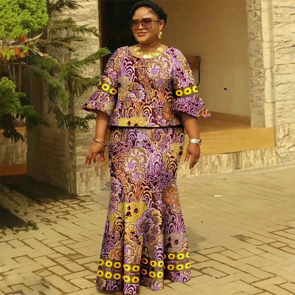 Women’s Gold Ankara 2PC Fishtail Dress with Flared Sleeves - Free Delivery Worldwide only at Flexi Africa
