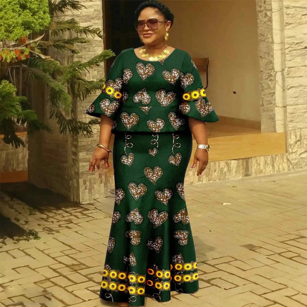 Women’s Gold Ankara 2PC Fishtail Dress with Flared Sleeves - Free Delivery Worldwide only at Flexi Africa