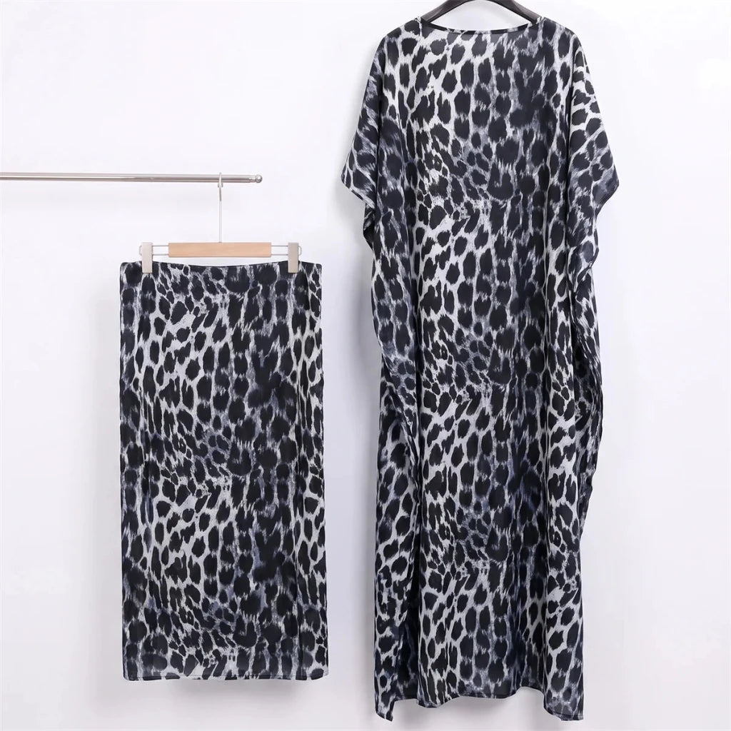 Women’s Leopard Print Satin Kaftan 2PC Set – Loose Maxi Dress & Matching Skirt Abaya Outfit - Free Delivery Worldwide only at Flexi Africa